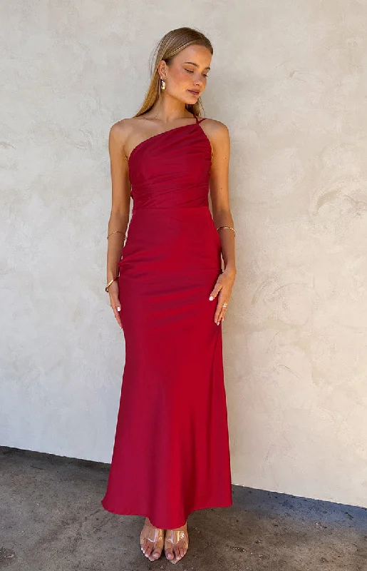 One-shoulder sundress-Tina Red Formal Maxi Dress