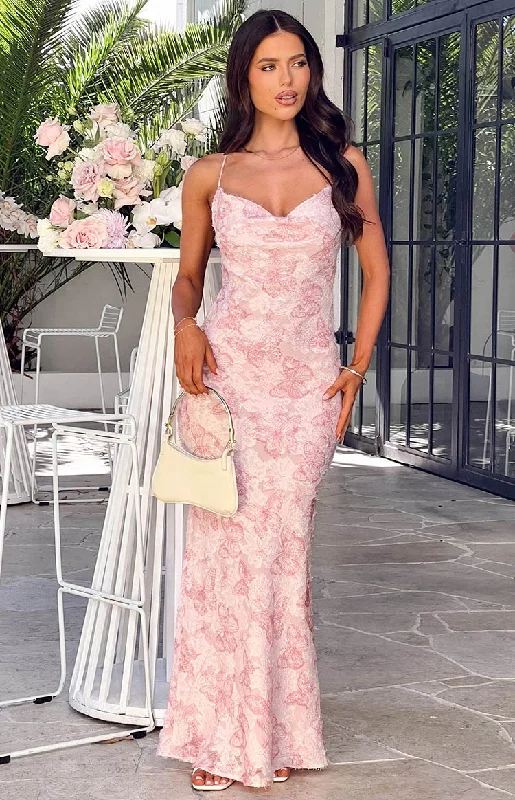 Off-shoulder cocktail dress-Valentina Pink Butterfly Maxi Dress