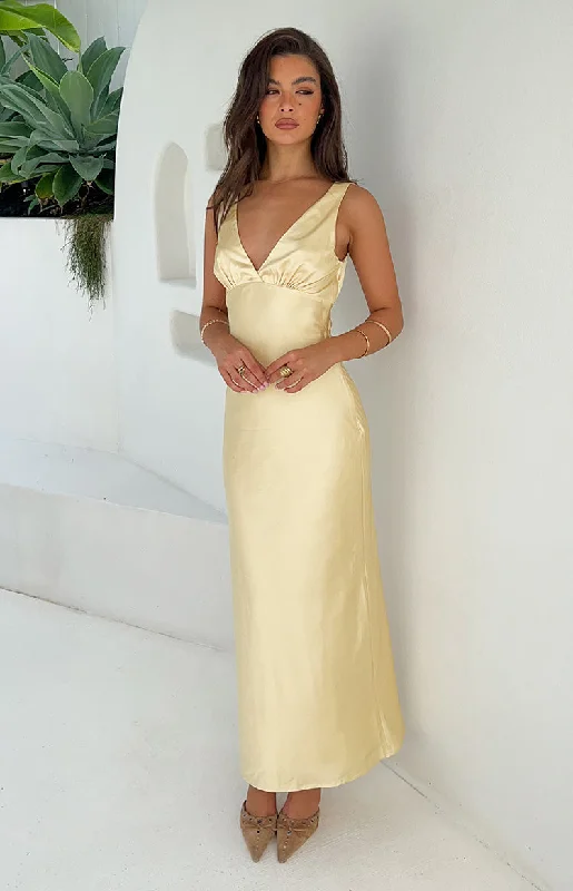 One-shoulder party dress-Verlaine Yellow Satin Maxi Dress