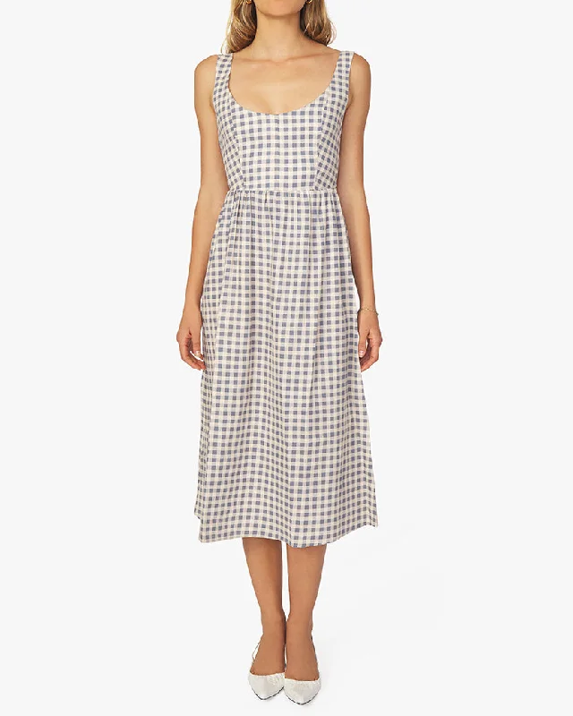 Off-shoulder cocktail dress-Corset Gingham Midi Dress | Whisper White