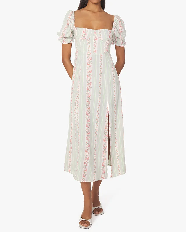 Ruffled cocktail dress-Puff Sleeve Victorian Floral Stripe Midi Dress | Rosewood Multi