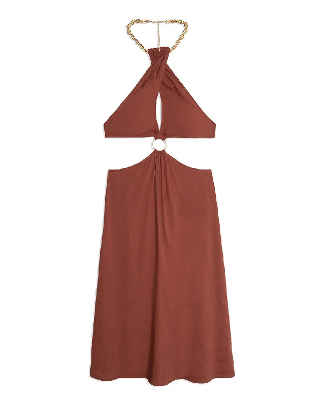 Smocked midi dress-Shell Chain Halter Linen Midi Dress | Cappuccino