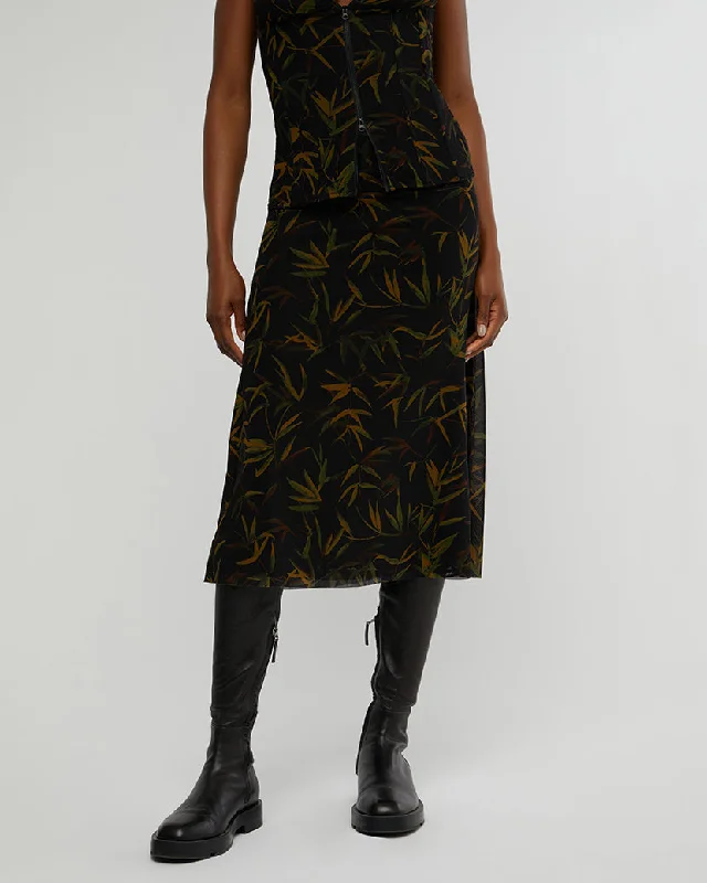 Velvet cocktail dress-Vintage Leaves Midi Skirt | Black