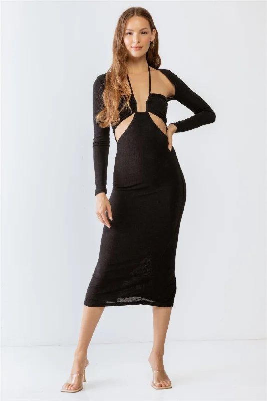 Short sleeve cocktail dress-Black Cut-Out Sleeveless Midi Dress & Open Front Long Sleeve Cover-Up Set /3-2-1