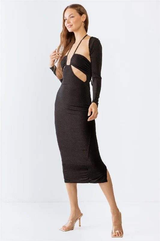 Long sleeve party dress-Black Cut-Out Sleeveless Midi Dress & Open Front Long Sleeve Cover-Up Set /3-2-2