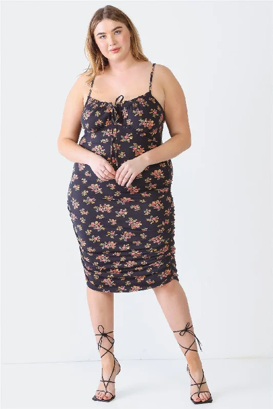 Velvet party dress-Plus Size Black Floral Print Ruched Midi Dress