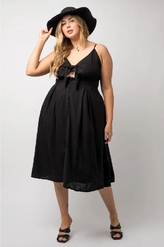 Fringe cocktail dress-Plus Size Front Tie Button Down Smocked Midi Dress