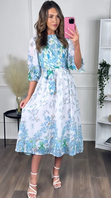 Satin cocktail dress-Zola White & Blue Floral Printed Midi Dress