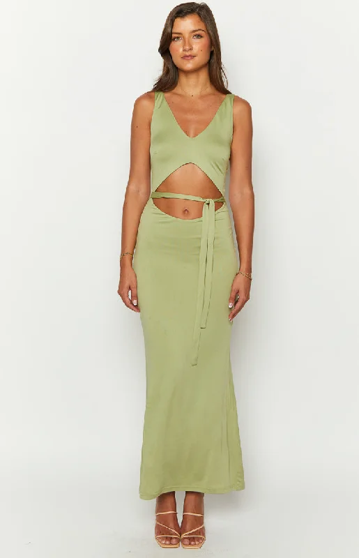 Satin party dress-Zuri Khaki Maxi Dress