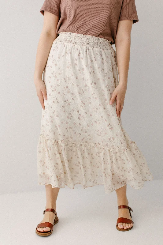 Flowy silk skirt-'Anaise' Smocked Waist Floral Chiffon Midi Skirt in Alabaster FINAL SALE