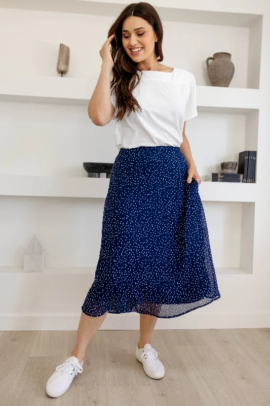 Button-up silk skirt-'Annette' Chiffon Midi Skirt in Navy Abstract FINAL SALE