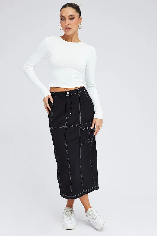 Mini cotton skirt-Black Cargo Skirt Mid Rise Contrast Detail Utility