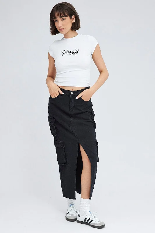 Tiered cotton skirt-Black Cargo Skirt Mid Rise Maxi Utility Pocket Details