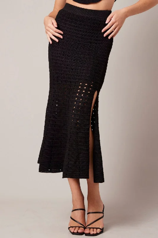 Pencil silk skirt-Black Knit Skirt Crochet