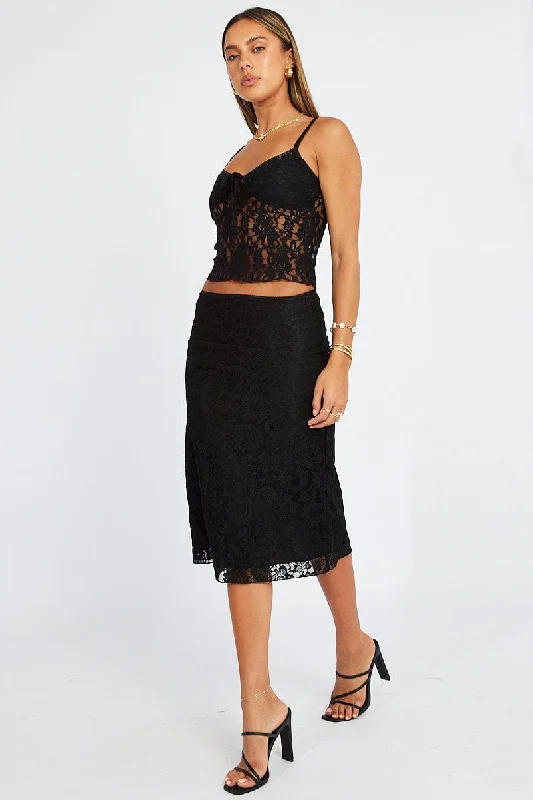 Button-up denim skirt-Black Lace Skirt High Rise