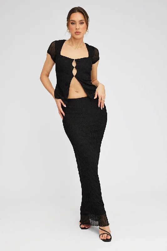 Tiered silk skirt-Black Maxi Skirt High Rise Bodycon Elastic Waist Lace