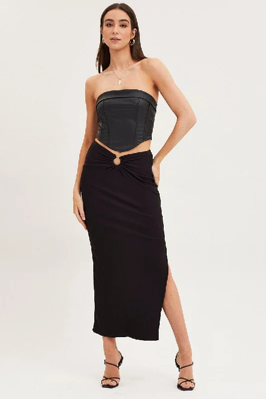 Button-up cotton skirt-Black Maxi Skirt High Rise Ring Detial Rib Jersey