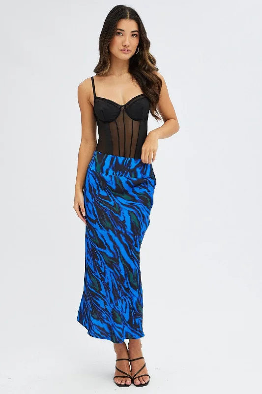 Embroidered satin skirt-Blue Abstract Midi Skirt High Waisted Satin Bias Cut