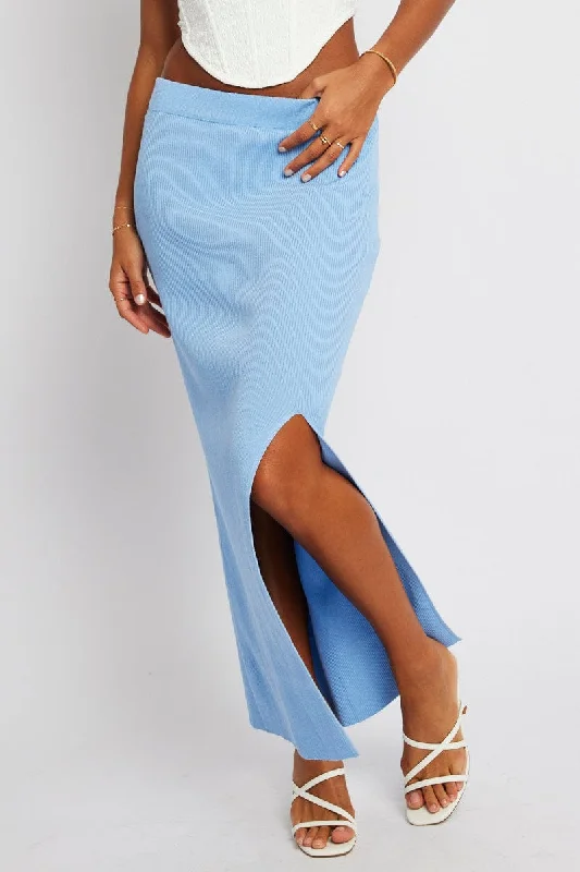 Smocked satin skirt-Blue Knit Skirt Front Split High Rise