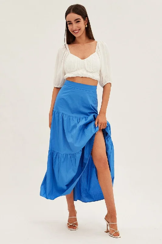 Sequin denim skirt-Blue Maxi Skirt High Rise Tiered