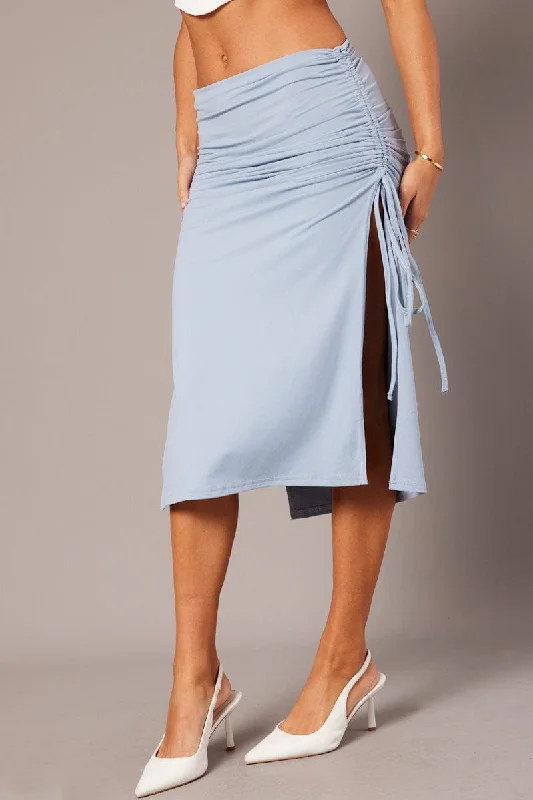 Knit cotton skirt-Blue Maxi Skirt Side Ruched Jersey