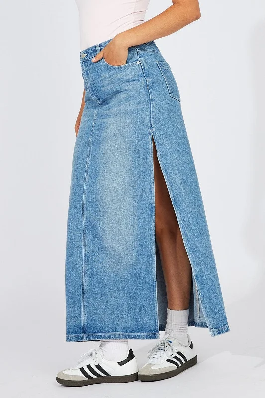 Smocked denim skirt-Blue Skirt Maxi High Rise