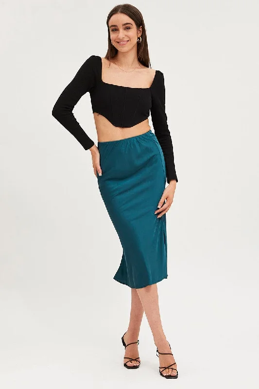 Wrap denim skirt-Blue Slip Skirt Midi Satin