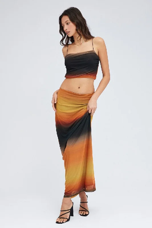 Knit silk skirt-Brown Abstract Maxi Skirt Pencil High Rise Mesh