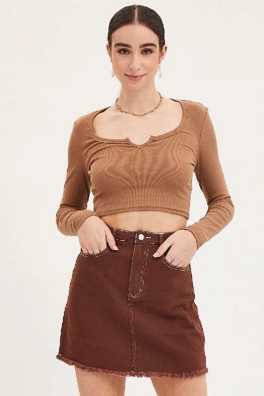 Sequin cotton skirt-Brown Mini Skirt High Rise Fray Hem