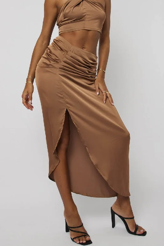 Cargo denim skirt-Brown Ruched Maxi Skirt Draped Satin Skirt