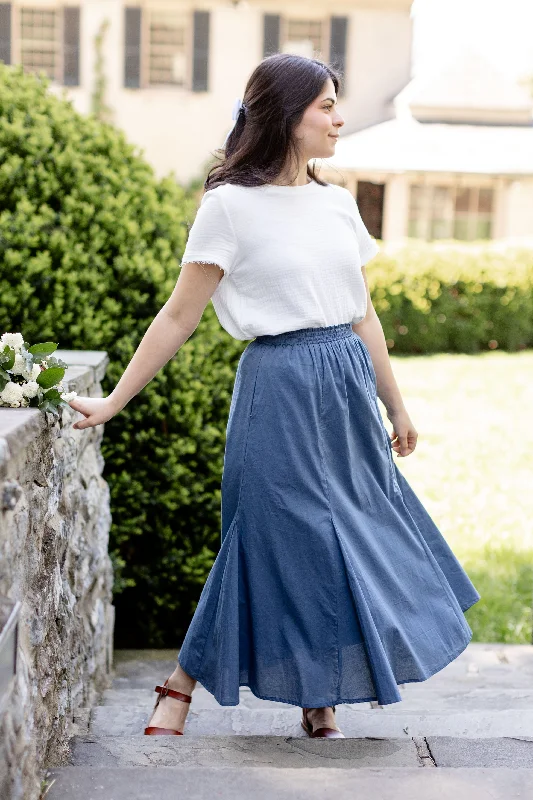 Striped cotton skirt-'Celia' Godet Flared Midi Skirt in Dusty Blue FINAL SALE