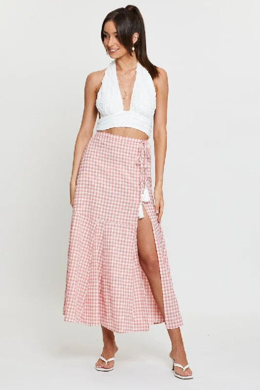 High-low cotton skirt-Check Maxi Skirt High Waist Front Split