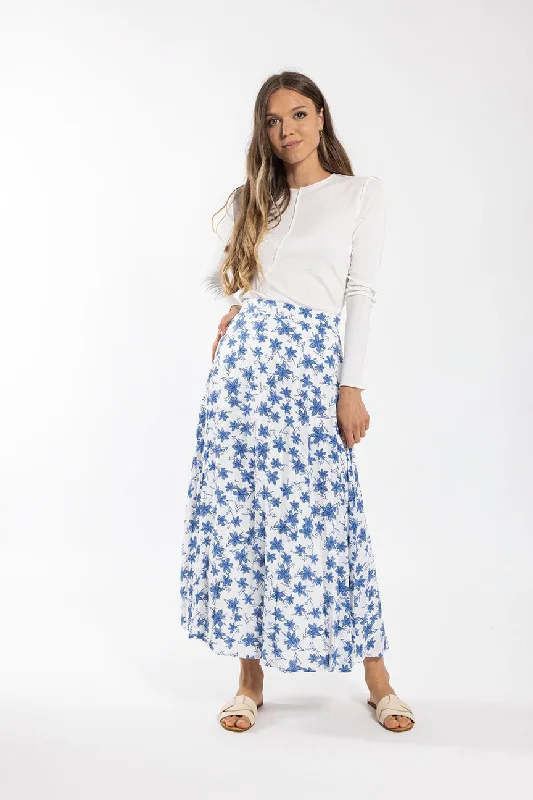 Tiered denim skirt-Concept Blue Floral Pleated Midi Skirt 373B