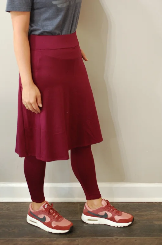 Pleated cotton skirt-Cranberry A-line Side Pocket Style Athletic Skirt with Built-in Leggings (Athlesiure Fabric)