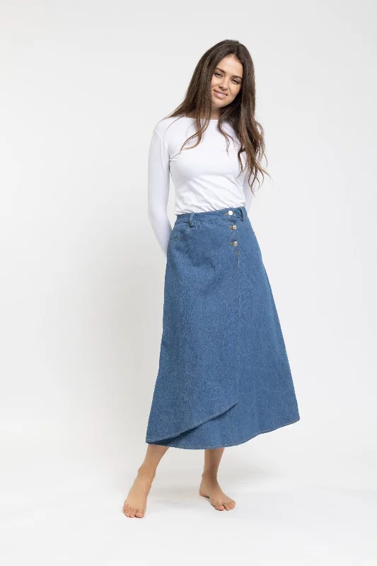 Button-up denim skirt-Danna Bella Blue Wrap Skirt with Buttons/Pockets TNS23501-A