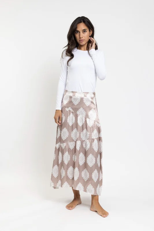 Silk satin skirt-Danna Bella Sand Printed Midi TNS23253-C