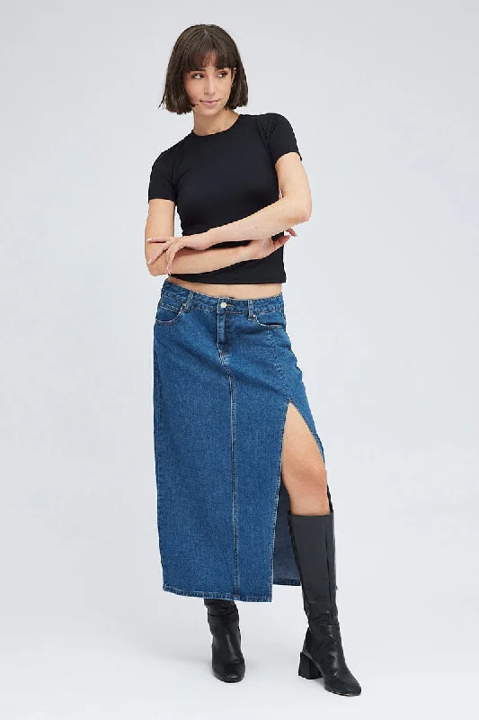 Mini satin skirt-Denim Maxi Skirt Mid Rise Denim Pencil Slit