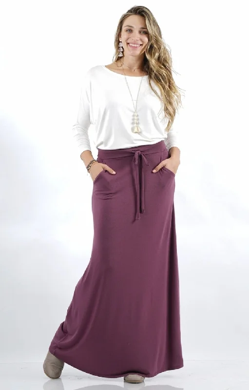 Pencil cotton skirt-Plus Size Eggplant Maxi Drawstring Skirt