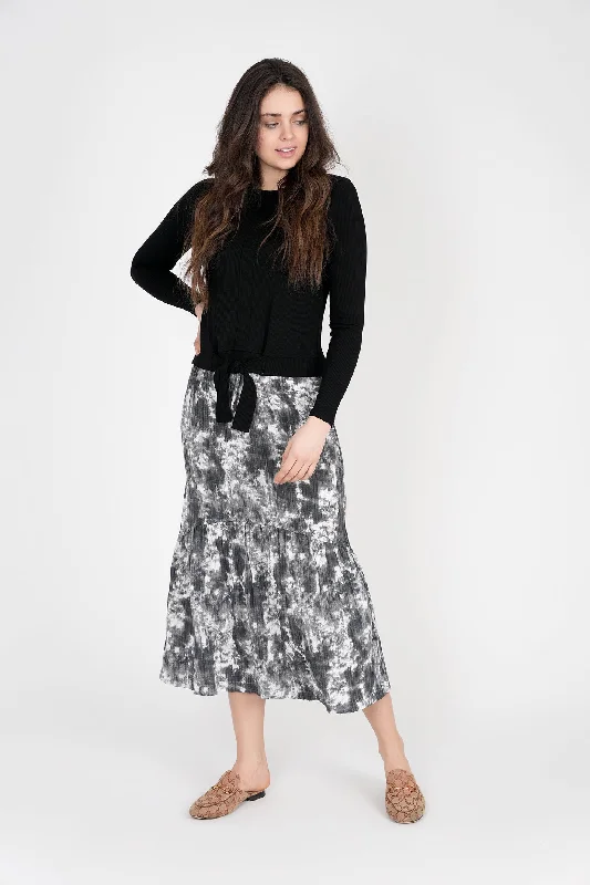 Fringe satin skirt-FYI Black Midi Skirt SB3CPT4824