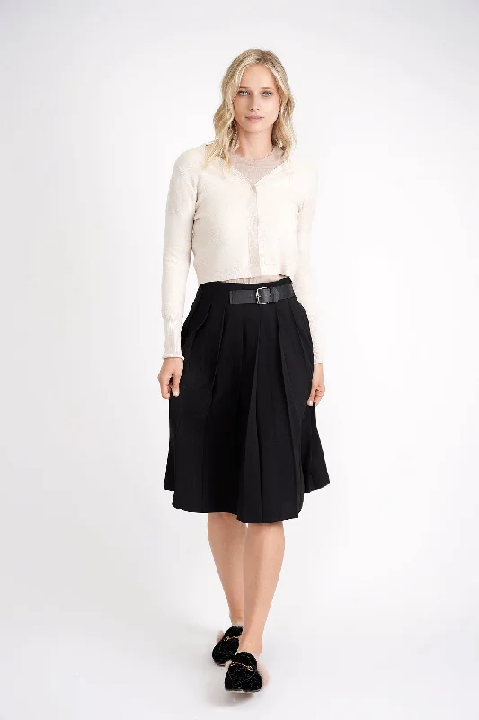 A-line cotton skirt-Ginger Black Pleated Skirt With Side Belt WB3CPT4972