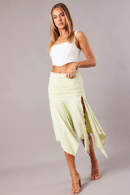 Polka dot silk skirt-Green Handkerchief Midi Asymmetric Skirt