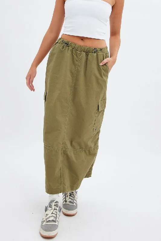 Knit denim skirt-Green Maxi Skirt Low Rise Cargo Parachute