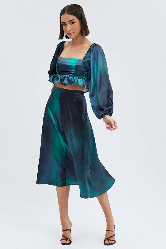 Asymmetrical silk skirt-Green Print Midi Skirt High Waisted A-line Panelled Satin