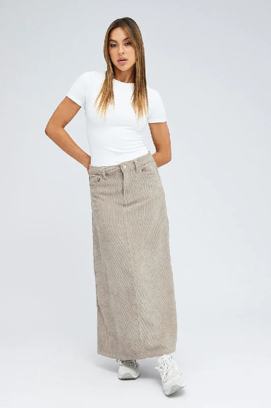 High-low silk skirt-Grey Maxi Skirt High Rise A-line Corduroy