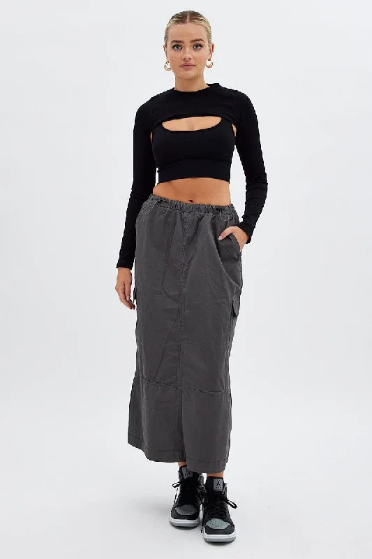 Fringe denim skirt-Grey Maxi Skirt Low Rise Cargo Parachute