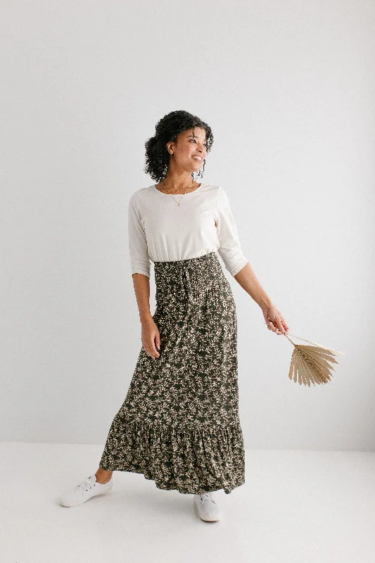 Button-up denim skirt-'Ivy' Smocked Waist Botanical Print Maxi Skirt FINAL SALE