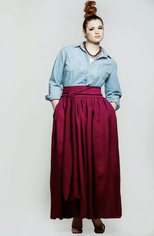 Pencil cotton skirt-Wine High Waist Belted Maxi Skirt- JIBRI