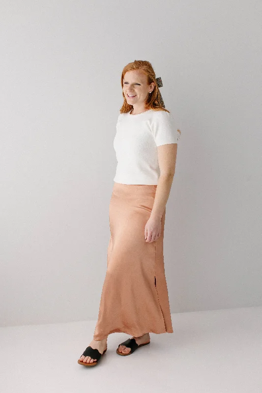 Smocked cotton skirt-'Jolie' Stretch Satin Midi Skirt in Light Copper FINAL SALE