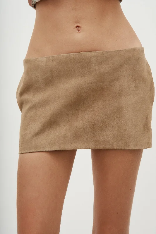 Embroidered denim skirt-Low Waist Tailored Brown Suede Mini Skirt