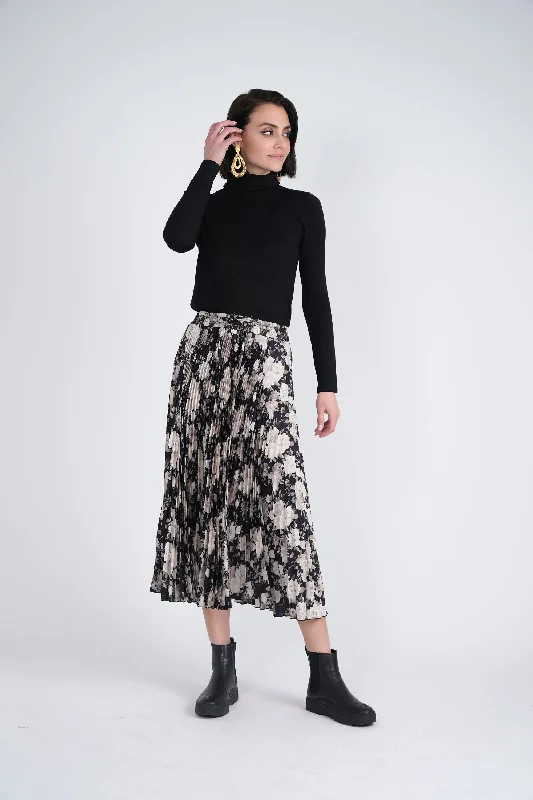 Plaid silk skirt-Mademoiselle Grey/Black Accordian Pleated Printed Midi Skirt WB3CM8498SM